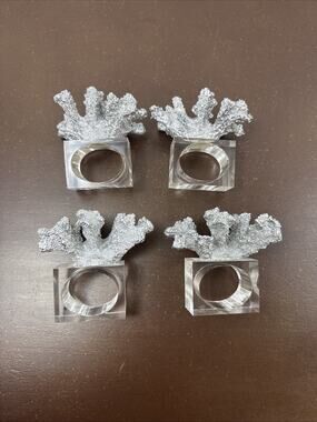 Set of 4 Zodax Silver Faux Coral Napkin Rings Clear Acrylic Block Base Coastal